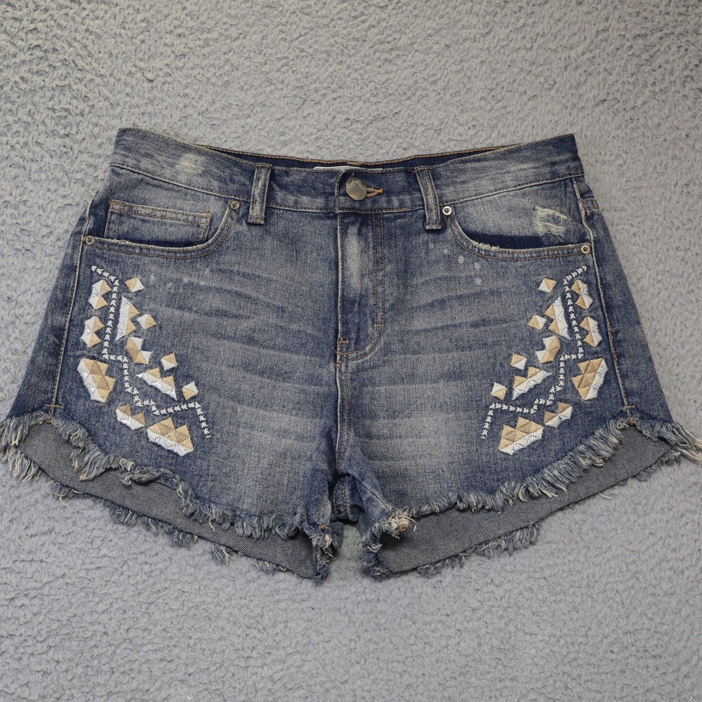 Free People Embroidered Denim Cutoff Shorts Blue Boho Distressed Size 27